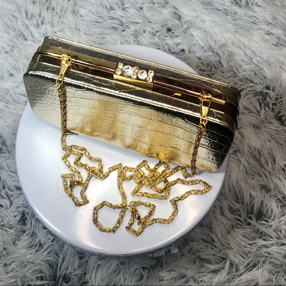 KATE LANDRY - Gold Alligator Print Evening Bag - Picture 3 of 16